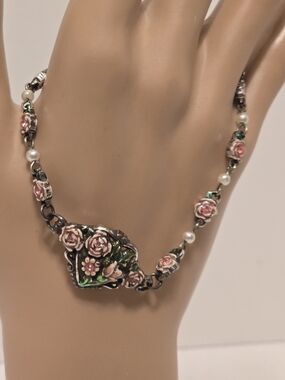 Brighton Vintage Pink & Green Enamel Floral Heart Bracelet